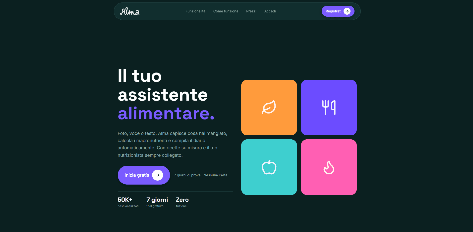 Interfaccia di Alma, assistente nutrizionale per professionisti
